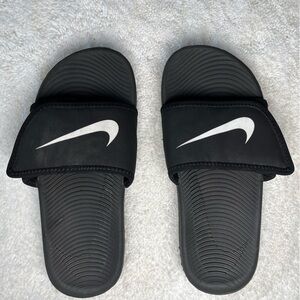 Nike Kids Black Slip on Flip Flop Shoes-Size: 1Y-White Swoosh-Velcro Closure